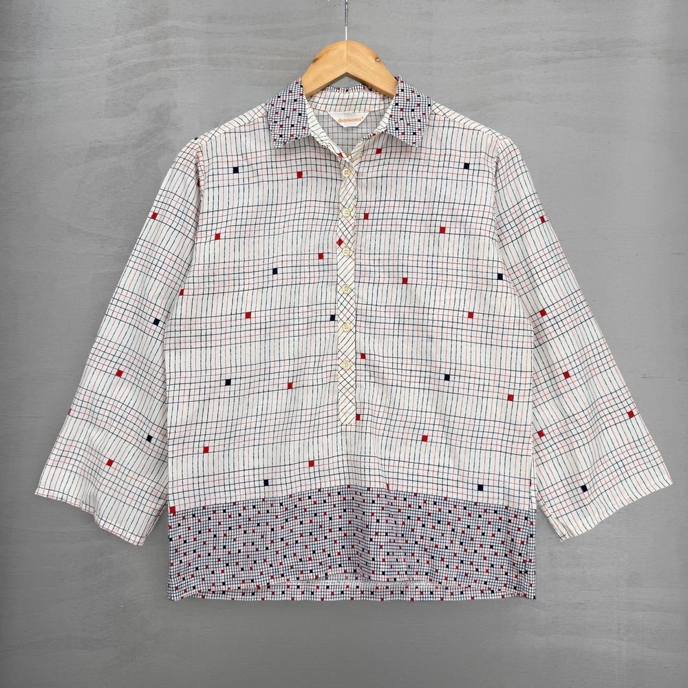 Donnkenny Vintage Popover Blouse White Red Navy Geometric Grid Print L